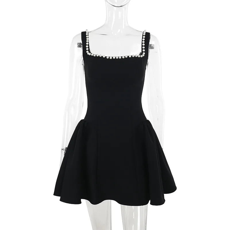 Elegant Women's Pearl Black Mini Dress