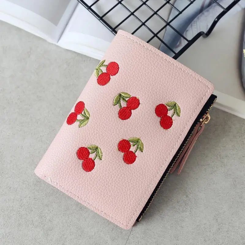 Women’s Cherry Embroidered Vertical Buckle Short Wallet – Small Zipper Purse