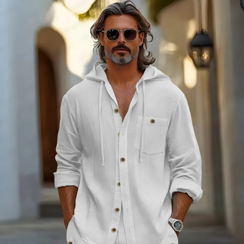 Men’s Summer Linen Hooded Shirt & Shorts Set