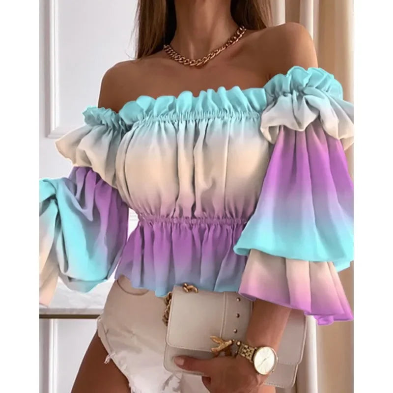 Spring Summer Women's Fashion Leisure Shirt Print Stacked Sleeve Middle Sleeve Shirt One Line Neck Off Shoulder Pleated Shirt