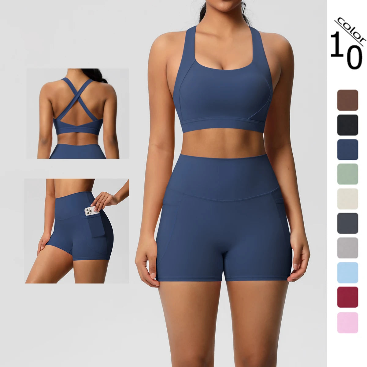 2PCS Women’s Yoga &amp; Gym Set – Pocketed Leggings + Crossover Bra/Top