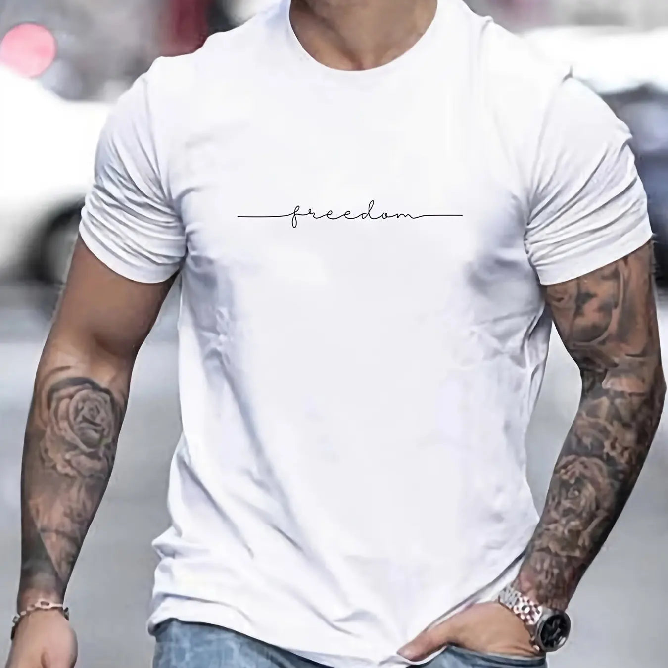 Men’s Summer Cotton T-Shirt – Freedom Graphic Print, Casual Round Neck