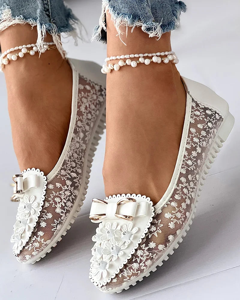 Summer Floral Embroidered Bow Loafers for Women