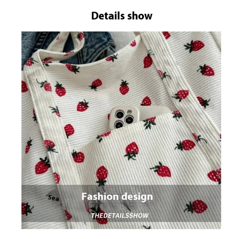 Corduroy Strawberries Beach Tote – Large Capacity Women’s Shoulder Bag