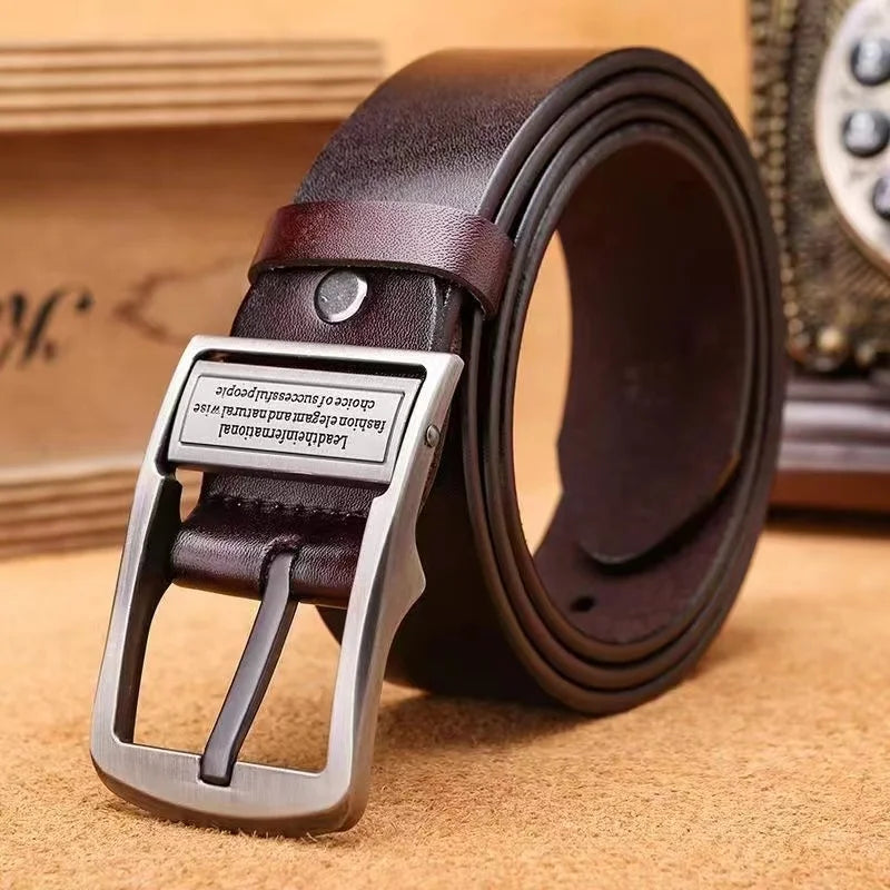 Luxury Cowhide Leather Belt – Metal Pin Buckle for Business & Casual Wear