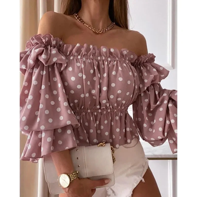Spring Summer Women's Fashion Leisure Shirt Print Stacked Sleeve Middle Sleeve Shirt One Line Neck Off Shoulder Pleated Shirt