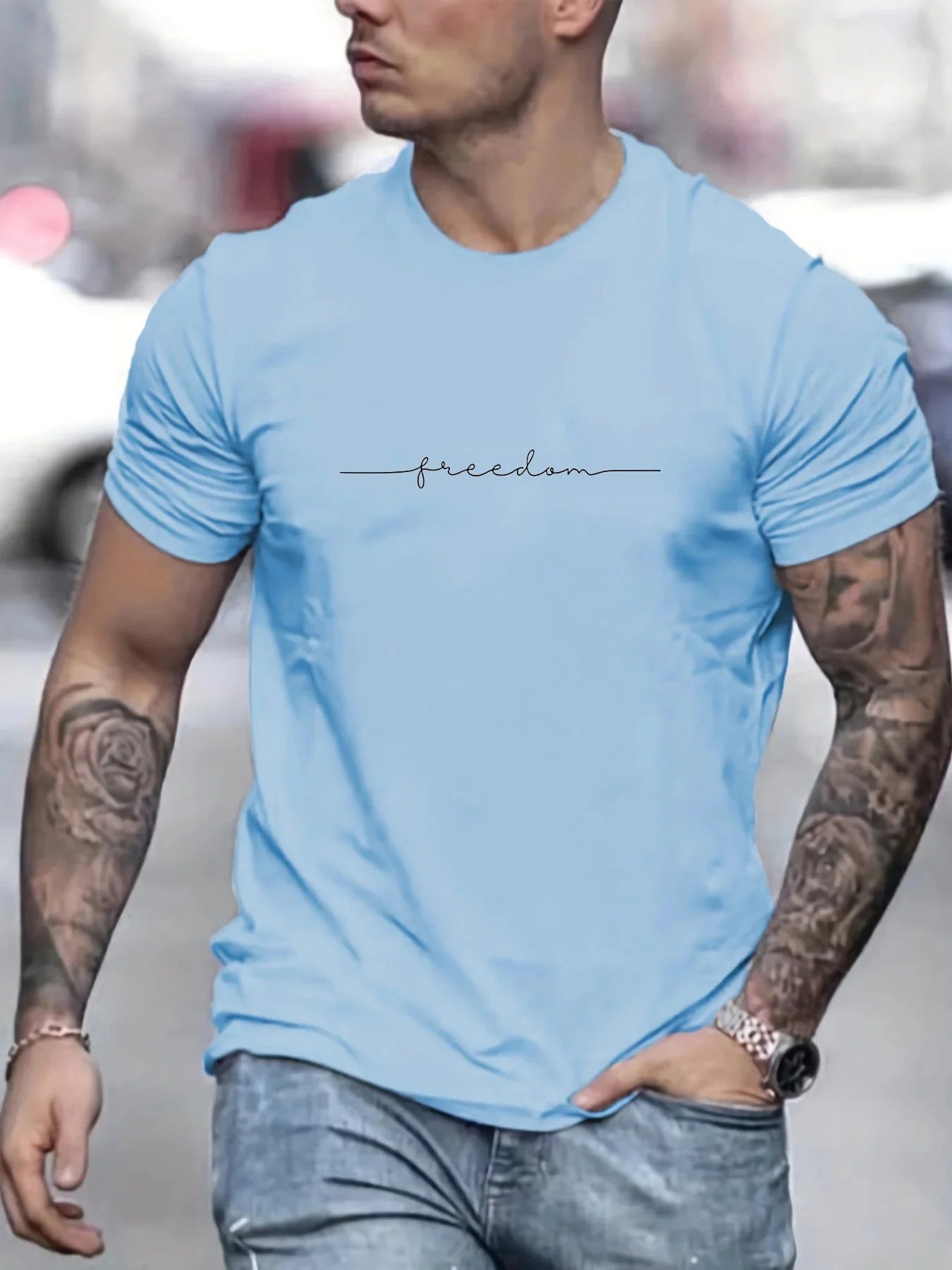 Men’s Summer Cotton T-Shirt – Freedom Graphic Print, Casual Round Neck