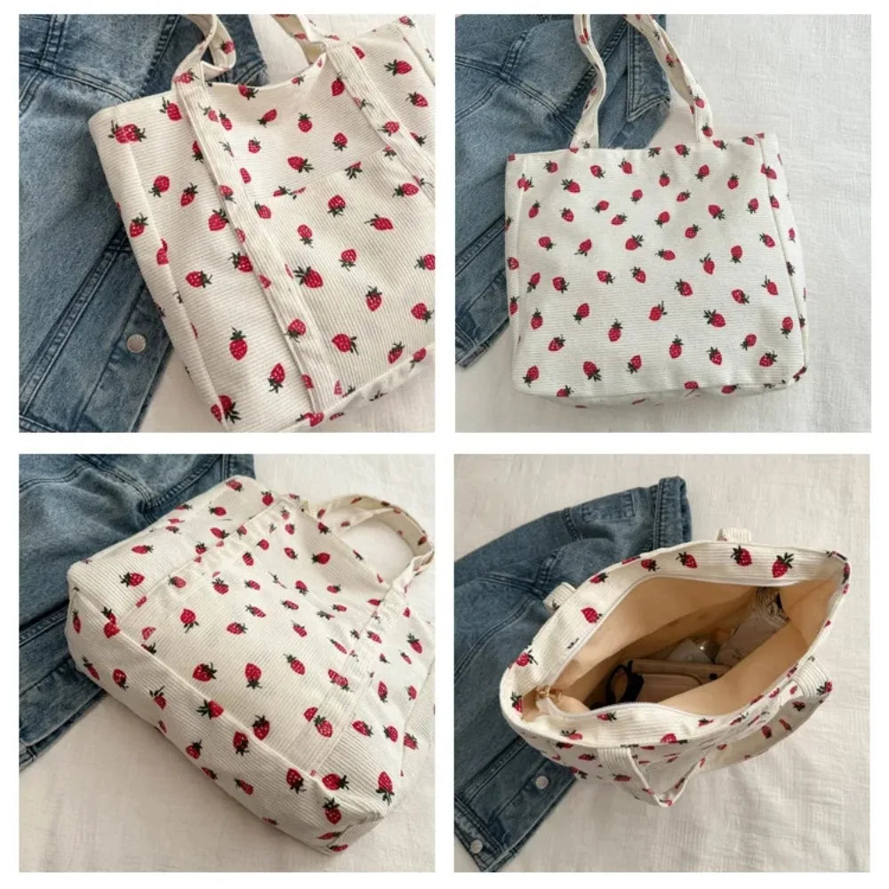 Corduroy Strawberries Beach Tote – Large Capacity Women’s Shoulder Bag