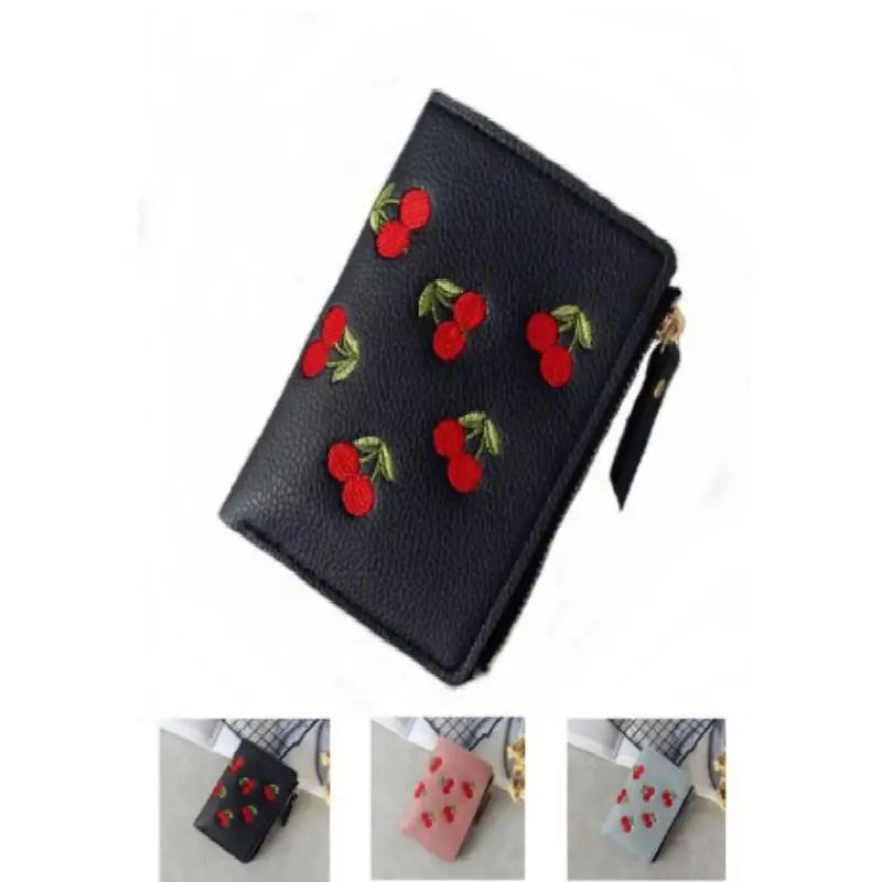 Women’s Cherry Embroidered Vertical Buckle Short Wallet – Small Zipper Purse