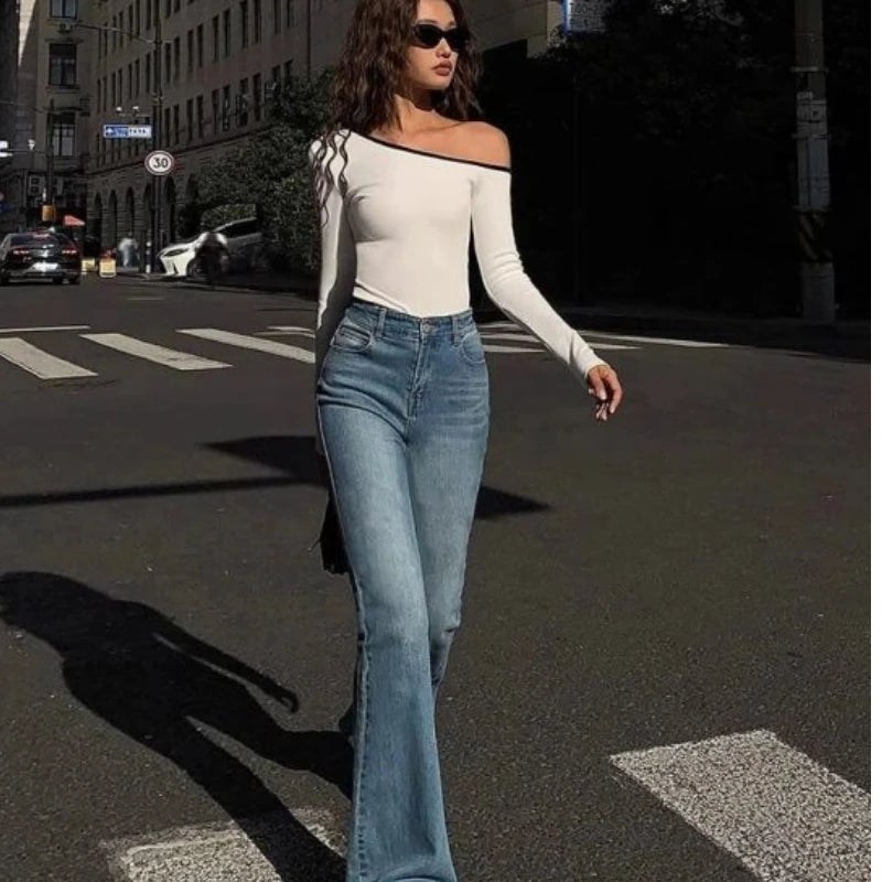 Contrast Long Sleeve Sexy Off-Shoulder Top