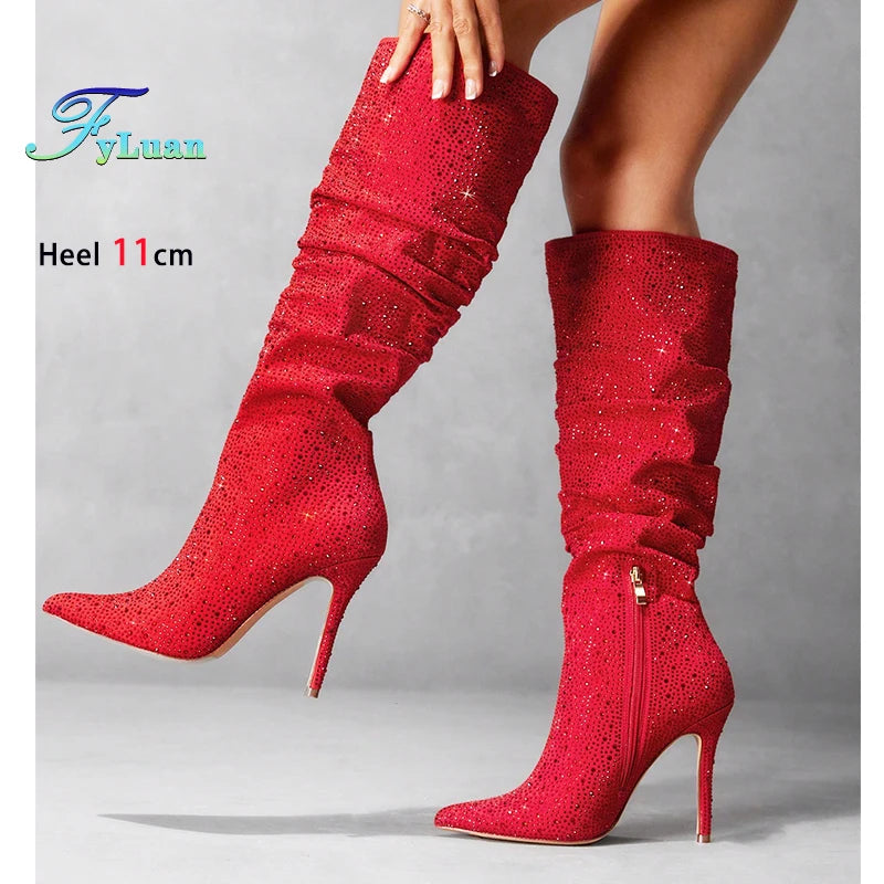 Glitter Party Knee-High Suede Boots for Women