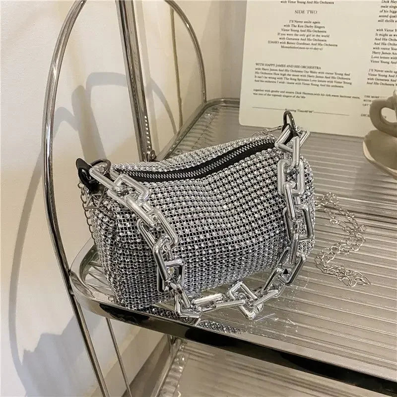 Allover Rhinestone Bucket Bag – Glitter Chain Mini Purse for Women