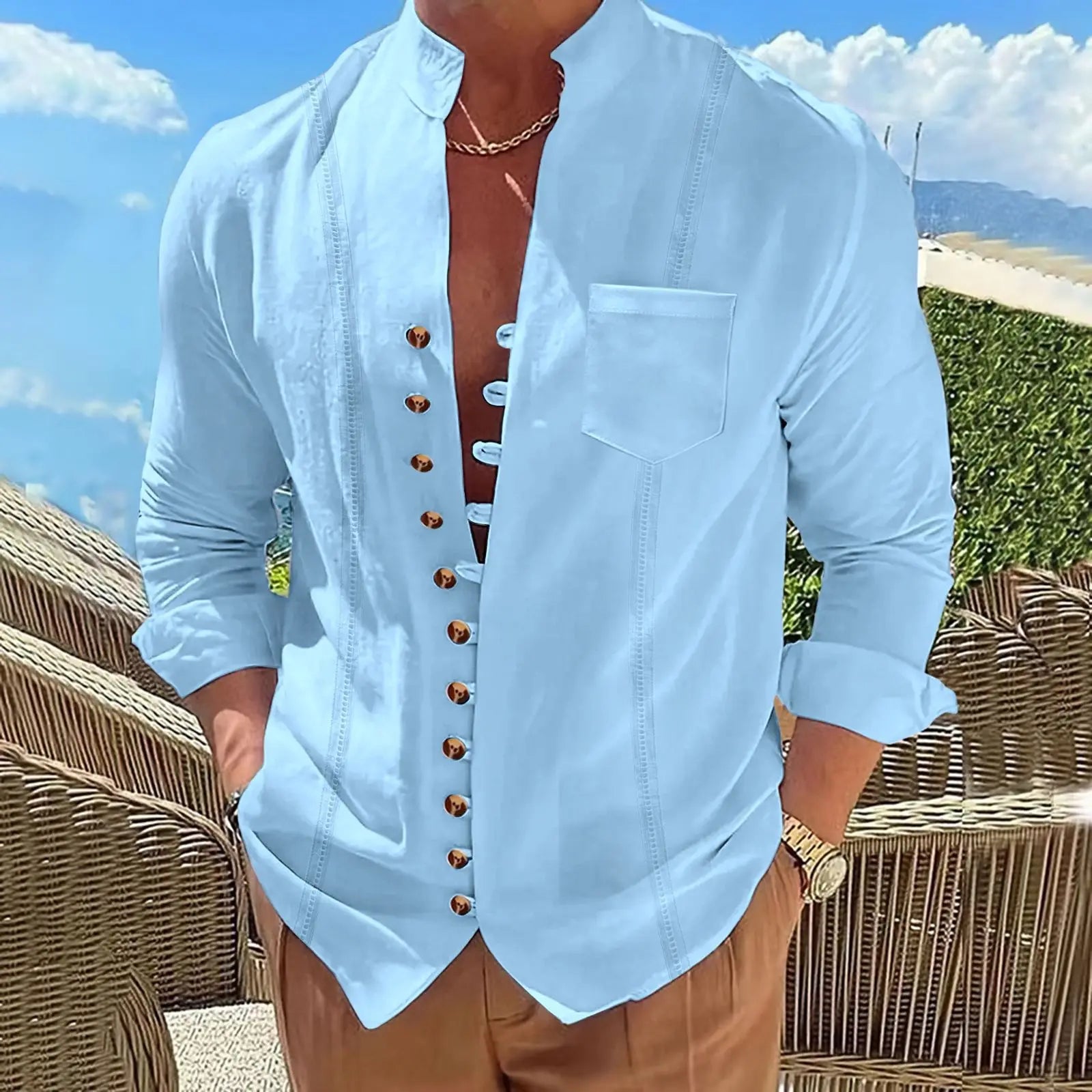 Men’s Cotton and Linen Retro Stand-Up Collar Long-Sleeve Shirt