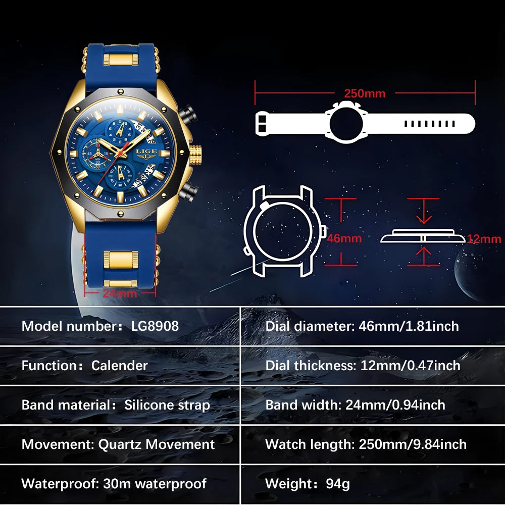 2024 LIGE New Fashion Men’s Watch – Luxury Silicone Sport Quartz Wristwatch