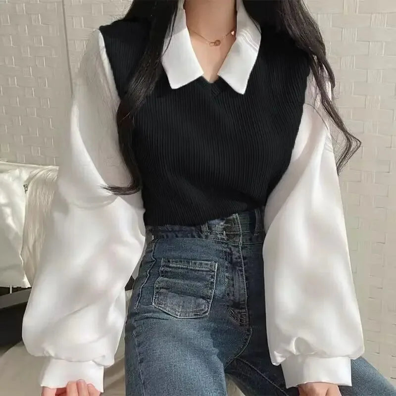 Women’s Korean Style Polo Collar Blouse – Elegant Patchwork Design