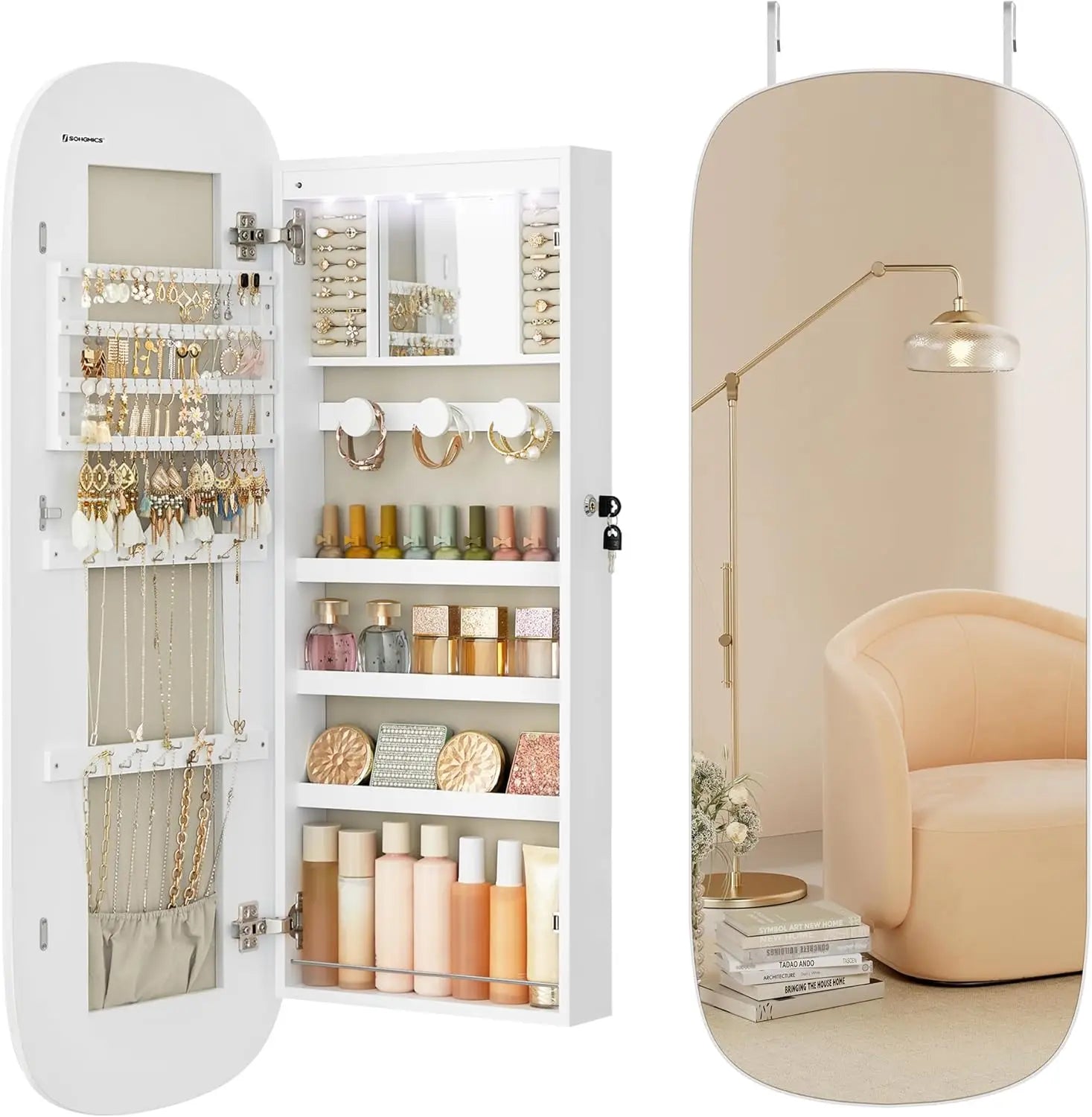 LED Jewelry Cabinet with Wall Mirror and Lock
