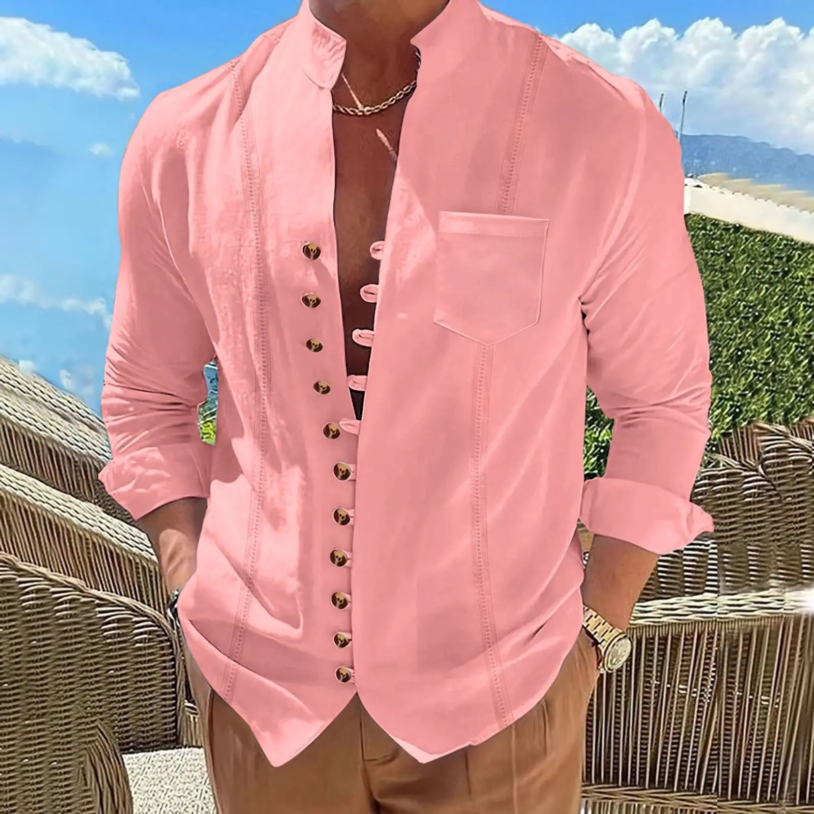 Men’s Cotton and Linen Retro Stand-Up Collar Long-Sleeve Shirt