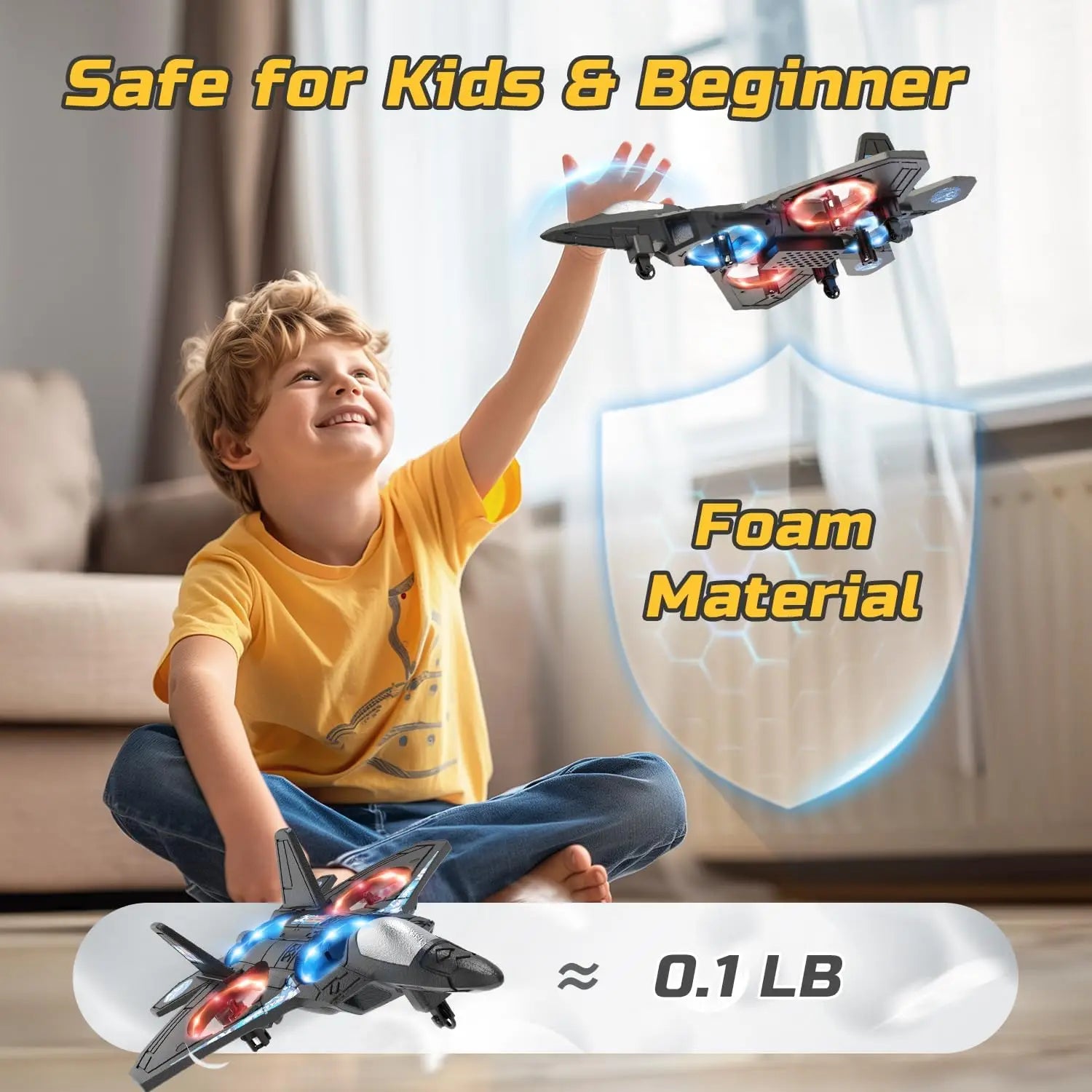 Foam RC Airplane for Kids & Beginners – Fighter Jet with Lights, Auto Hover & 360° Flips