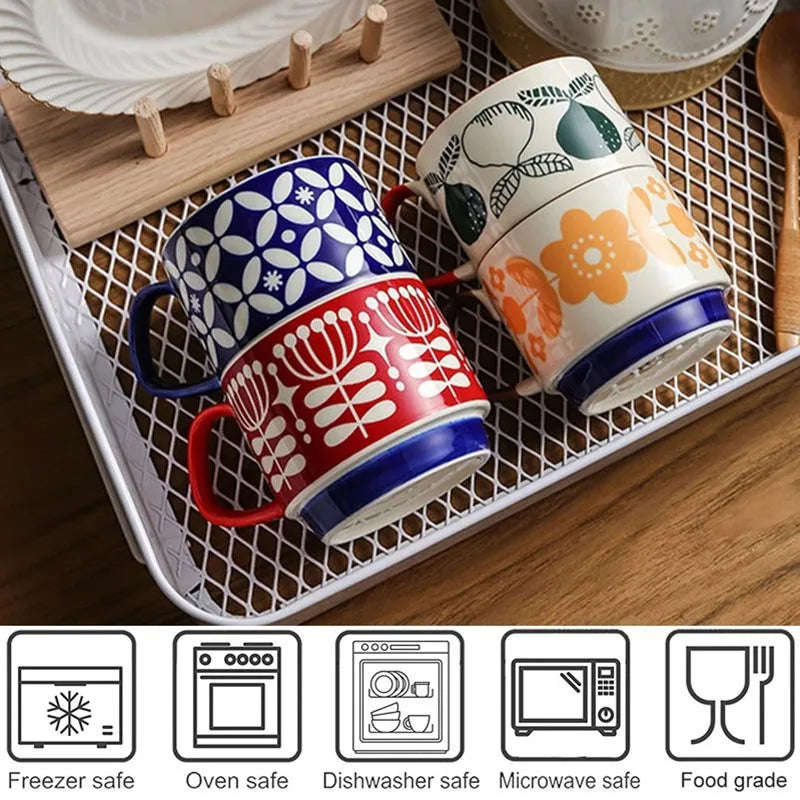 Japanese Flower Ceramic Mug Set – Retro Coffee & Milk Cups