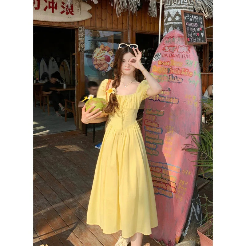 Y2K Summer Fold Yellow Dress