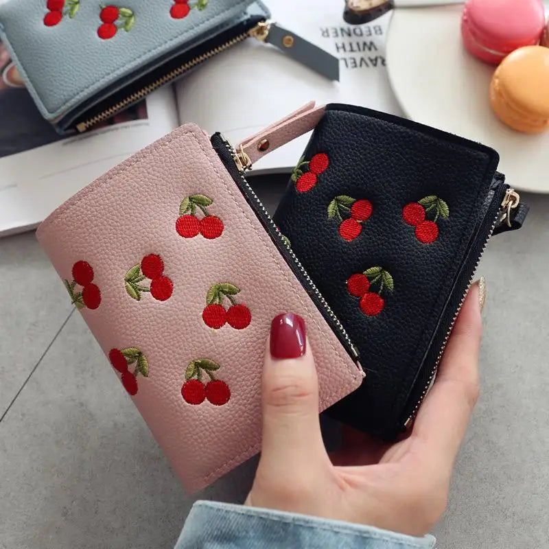 Women’s Cherry Embroidered Vertical Buckle Short Wallet – Small Zipper Purse