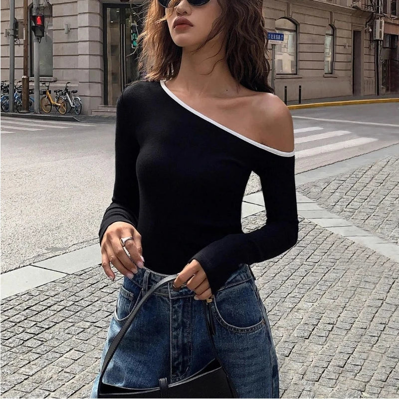 Contrast Long Sleeve Sexy Off-Shoulder Top