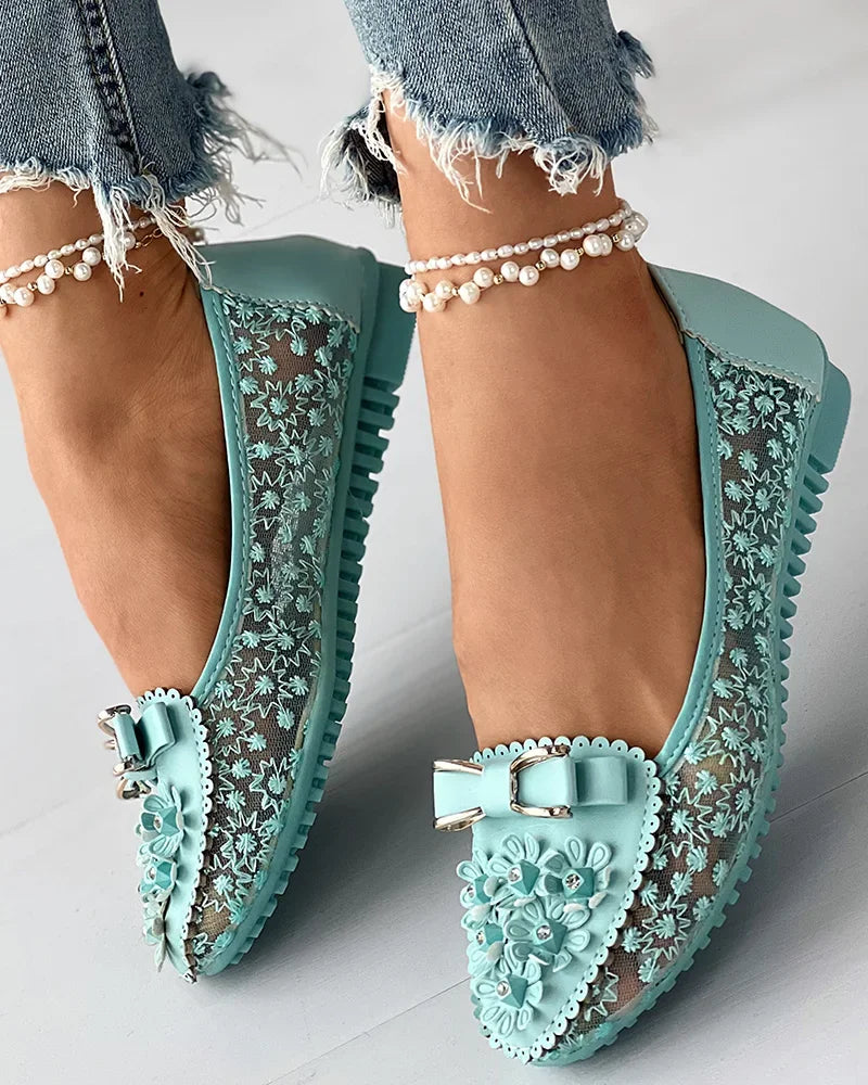 Summer Floral Embroidered Bow Loafers for Women