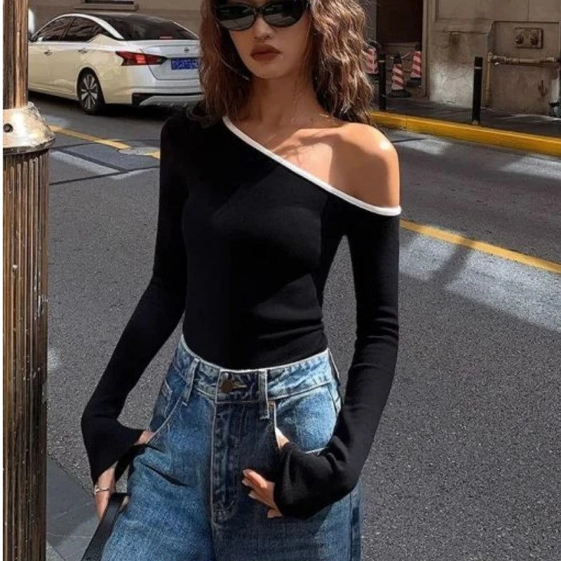 Contrast Long Sleeve Sexy Off-Shoulder Top