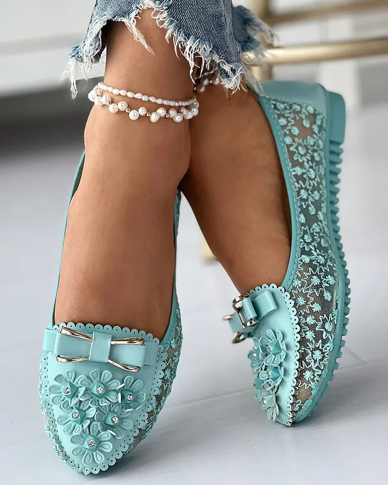 Summer Floral Embroidered Bow Loafers for Women