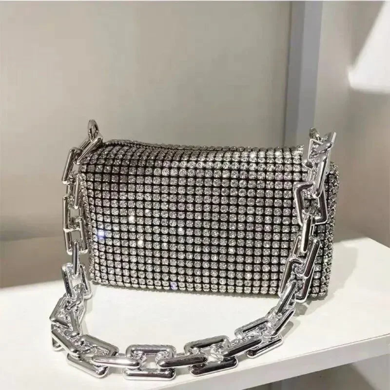Allover Rhinestone Bucket Bag – Glitter Chain Mini Purse for Women