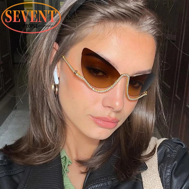 SEVENT PEOPLE Luxury Cat Eye Rhinestone Rimless Sunglasses