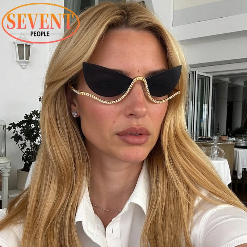 SEVENT PEOPLE Luxury Cat Eye Rhinestone Rimless Sunglasses