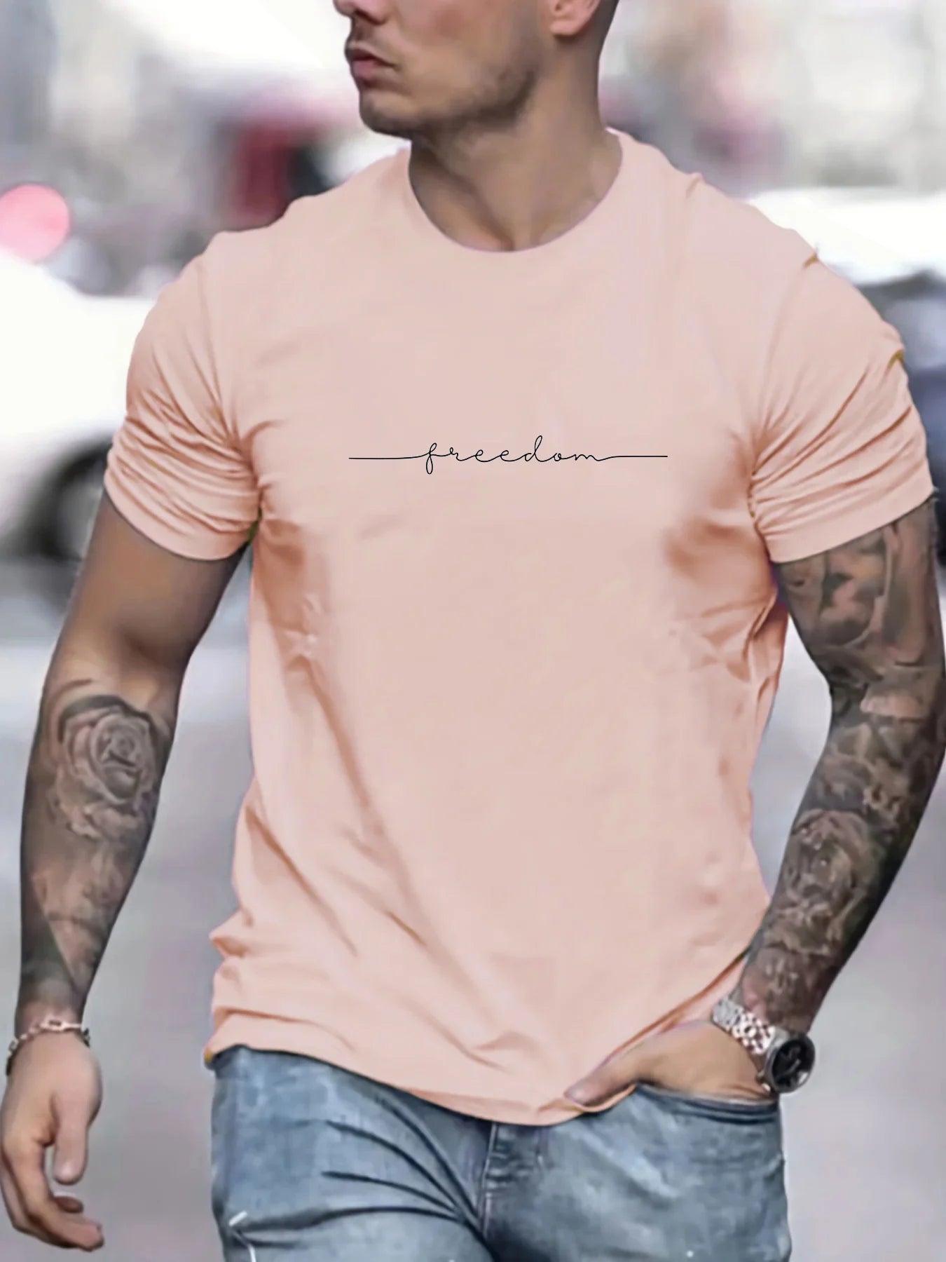 Men’s Summer Cotton T-Shirt – Freedom Graphic Print, Casual Round Neck