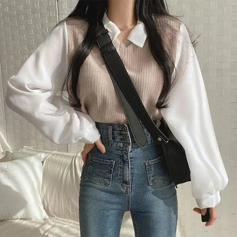 Women’s Korean Style Polo Collar Blouse – Elegant Patchwork Design