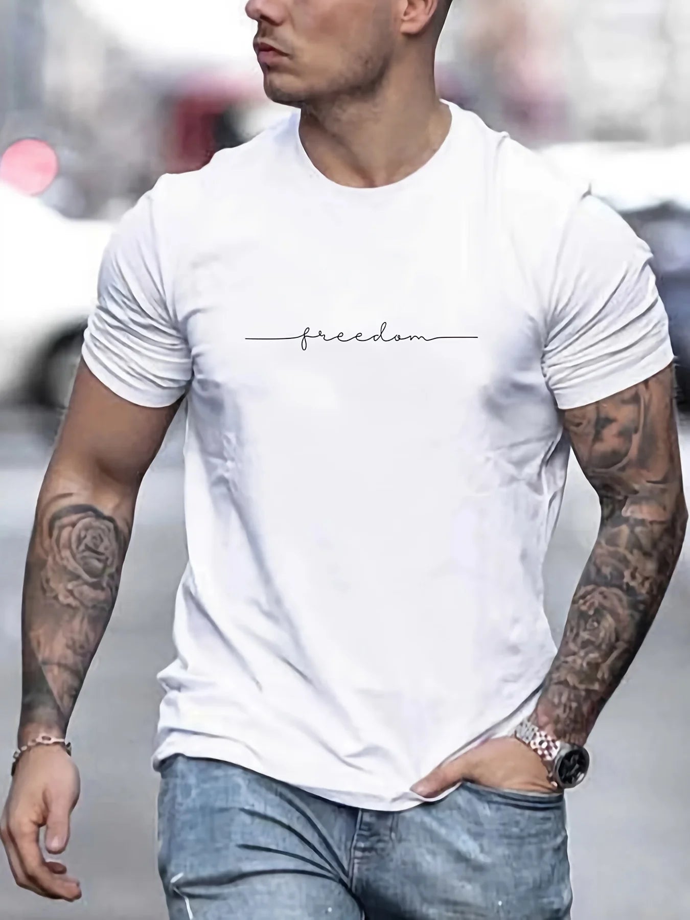 Men’s Summer Cotton T-Shirt – Freedom Graphic Print, Casual Round Neck