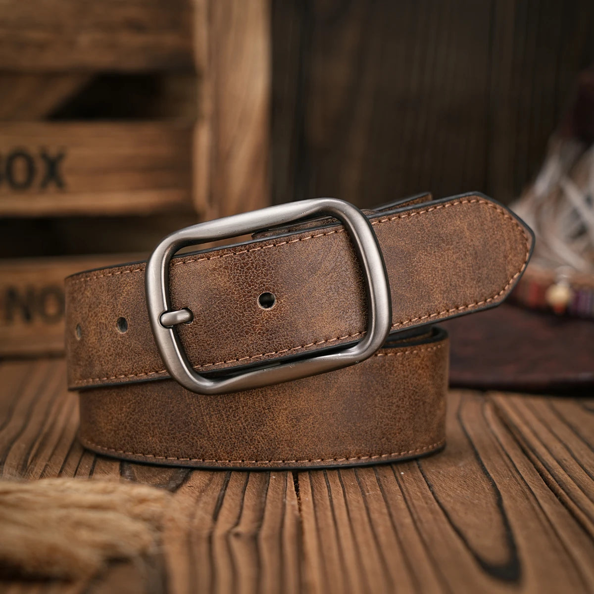 Vintage Western PU Leather Belt with Carved Buckle