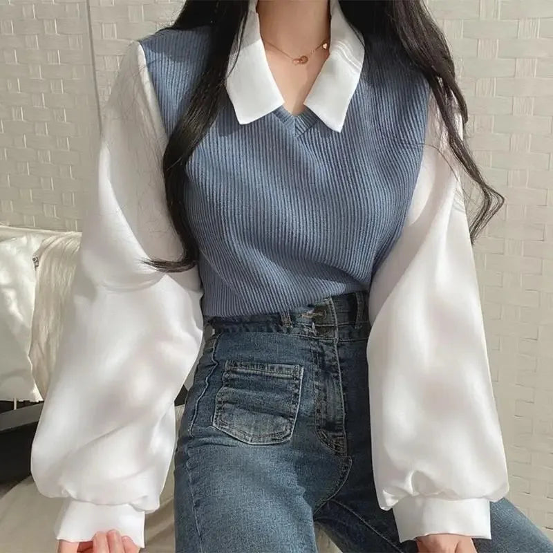 Women’s Korean Style Polo Collar Blouse – Elegant Patchwork Design