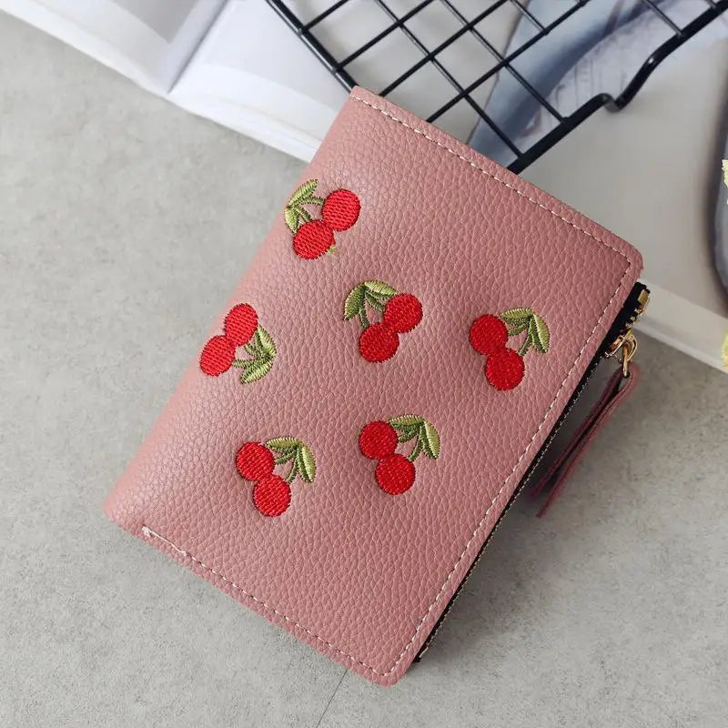 Women’s Cherry Embroidered Vertical Buckle Short Wallet – Small Zipper Purse