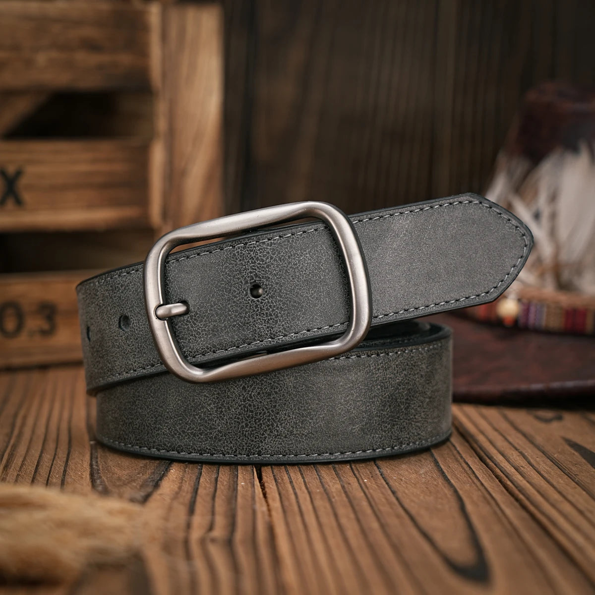 Vintage Western PU Leather Belt with Carved Buckle
