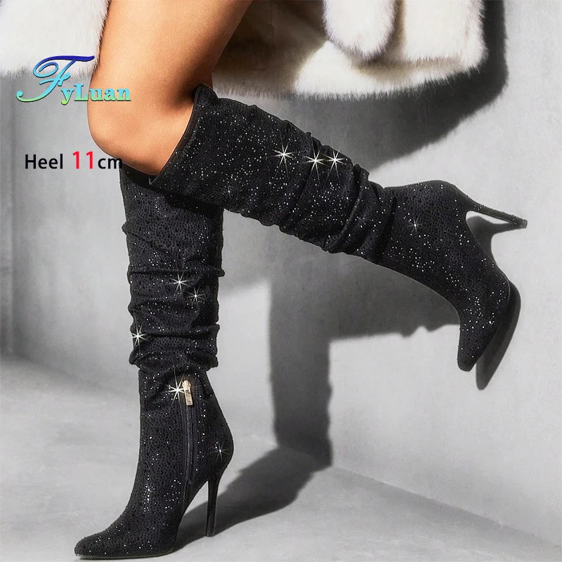 Glitter Party Knee-High Suede Boots for Women