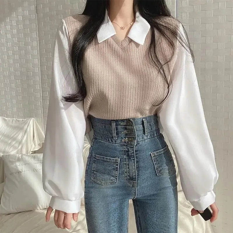 Women’s Korean Style Polo Collar Blouse – Elegant Patchwork Design