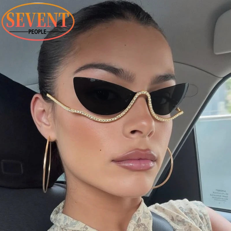 SEVENT PEOPLE Luxury Cat Eye Rhinestone Rimless Sunglasses