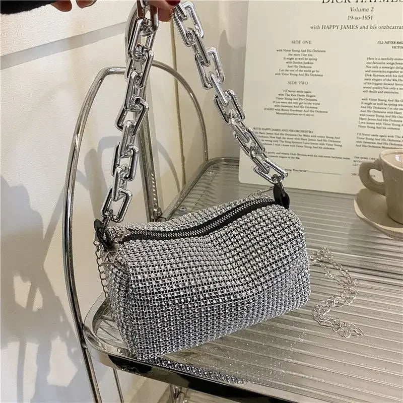 Allover Rhinestone Bucket Bag – Glitter Chain Mini Purse for Women