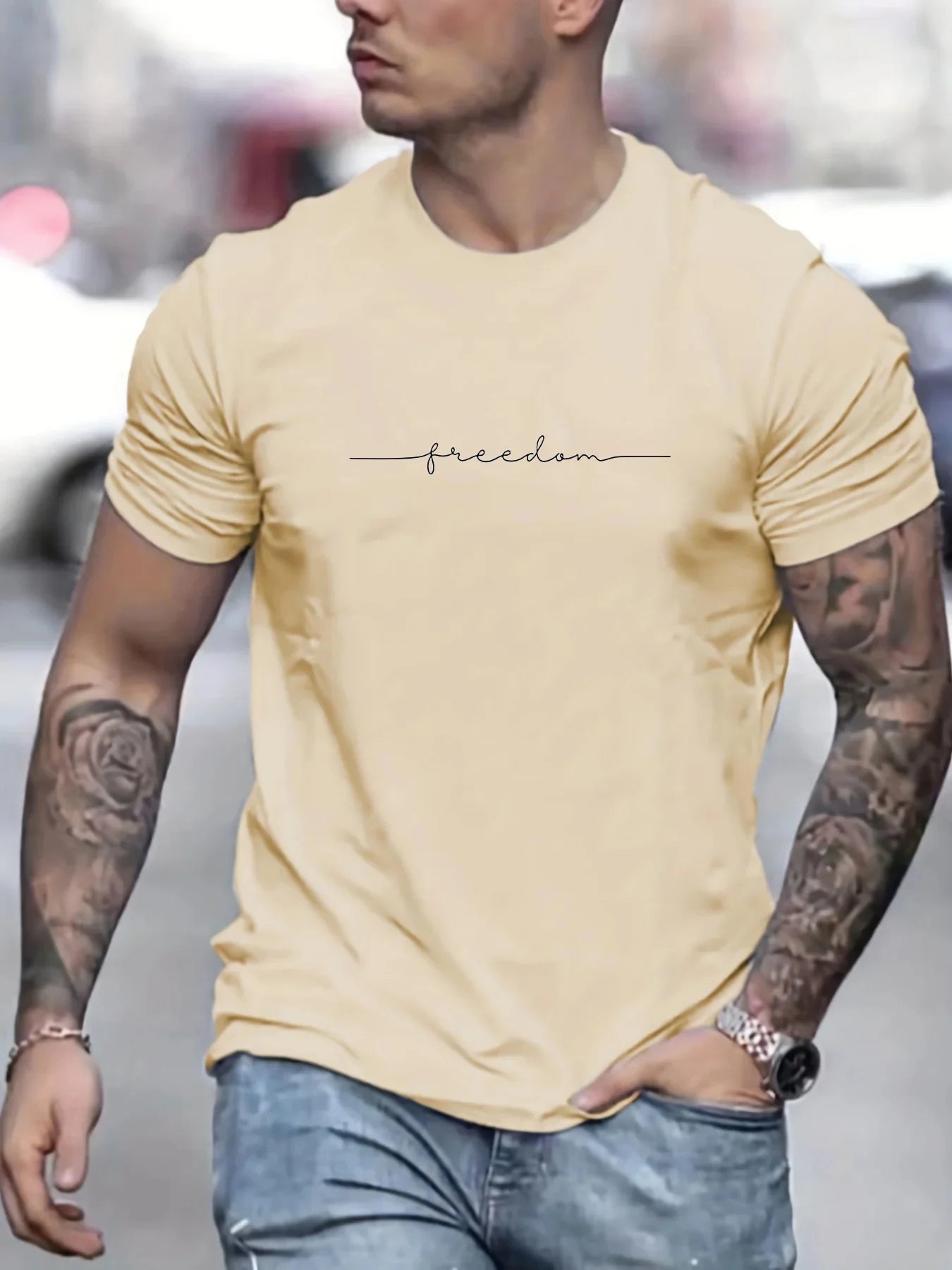Men’s Summer Cotton T-Shirt – Freedom Graphic Print, Casual Round Neck