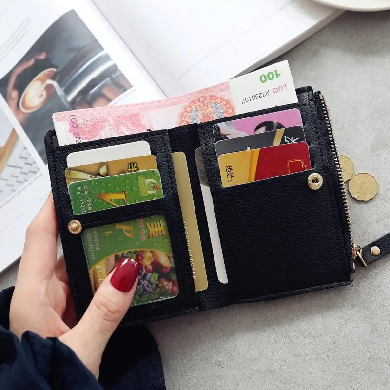 Women’s Cherry Embroidered Vertical Buckle Short Wallet – Small Zipper Purse