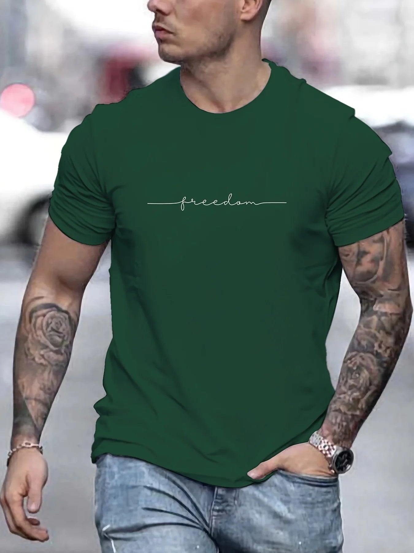 Men’s Summer Cotton T-Shirt – Freedom Graphic Print, Casual Round Neck
