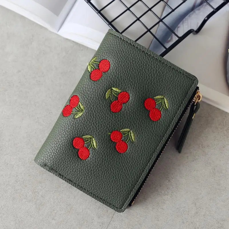 Women’s Cherry Embroidered Vertical Buckle Short Wallet – Small Zipper Purse