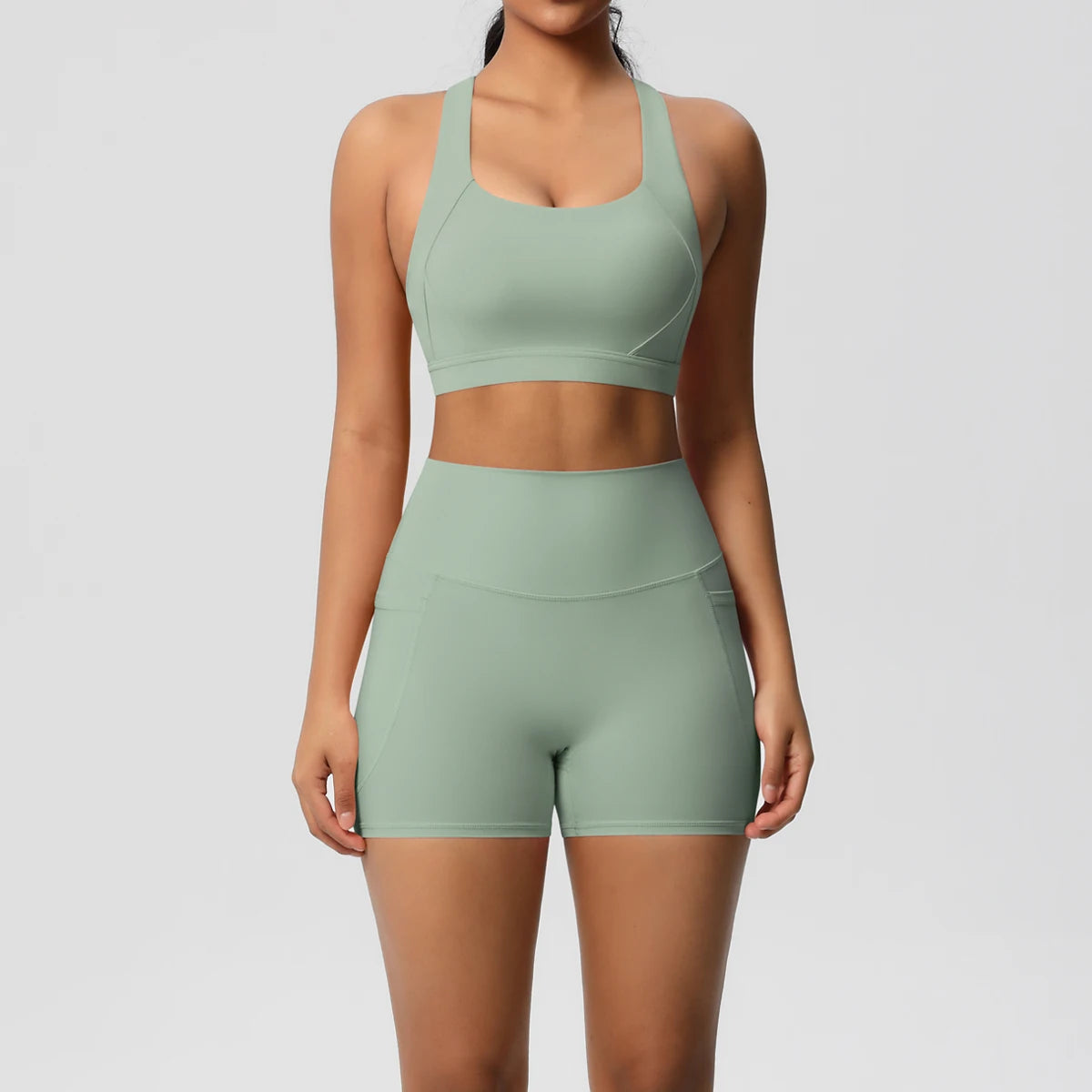 2PCS Women’s Yoga &amp; Gym Set – Pocketed Leggings + Crossover Bra/Top