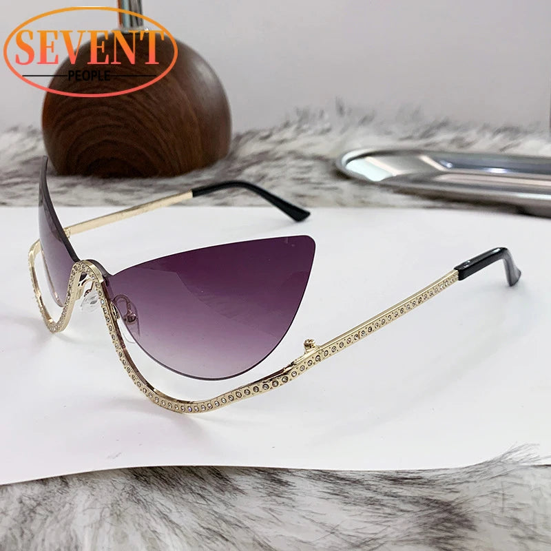 SEVENT PEOPLE Luxury Cat Eye Rhinestone Rimless Sunglasses