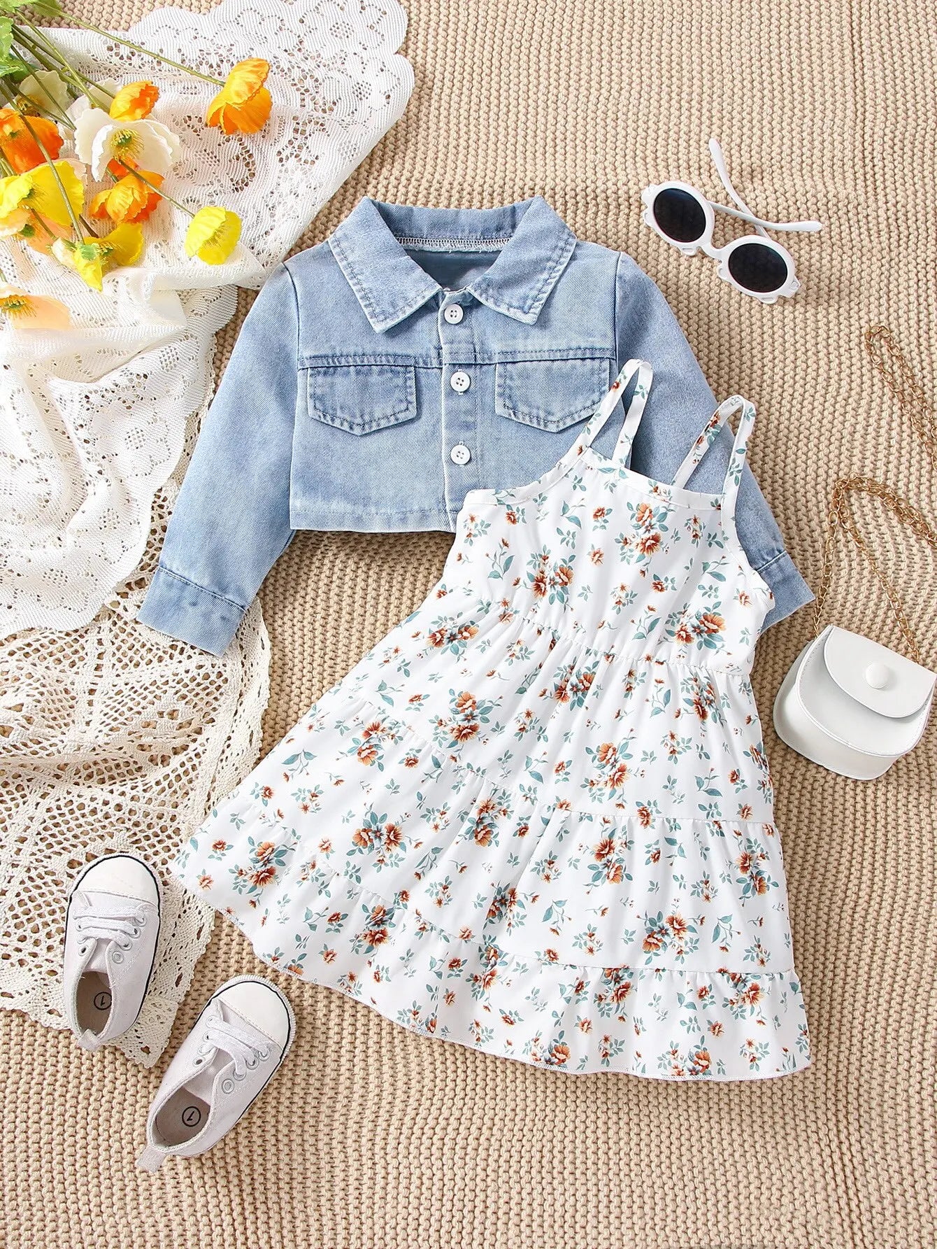 Baby Girls 2-Piece Denim Coat & Floral Slip Dress – Spring & Autumn Casual Outfit